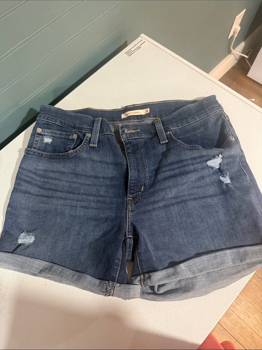 Levi's Dark Blue Distressed Rolled-Hem Denim Shorts